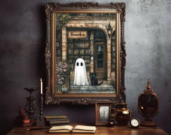 May include: A framed artwork depicts a whimsical scene of a ghost and a black cat in front of a bookstore. The bookstore has a sign that reads "Books". The frame is ornate and brown. The artwork is displayed on a wooden table with other decorative items.