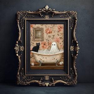 Ghost and Cat in Bathtub, Spooky Bubblebath Halloween Art, Black Cat Print, Whimsigoth Bathroom Decor, UNFRAMED