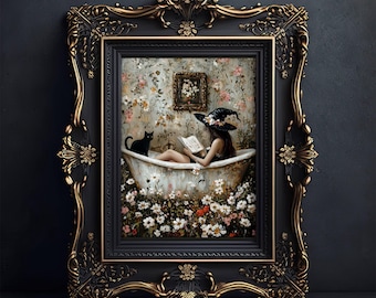 Witch Reading Book in Bathtub, Witchy Bubblebath Halloween Art, Black Cat Print, Whimsigoth Bathroom Decor, Wildflower Bathroom Art,UNFRAMED
