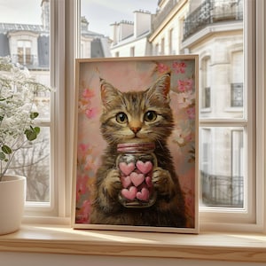 Valentinstag Tabby Katze Poster, Valentinstag Herz-Dekor, romantische Wandkunst, ungerahmt