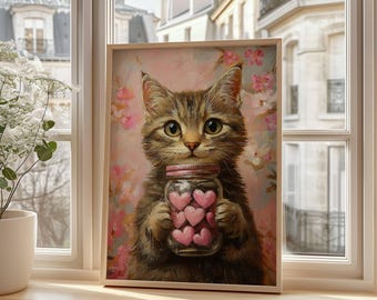 Affiche de chat tigré de la Saint-Valentin, décoration coeur Saint-Valentin, art mural romantique, sans cadre