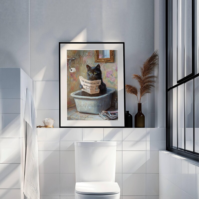 Black Cat Reading Newspaper in Litter Box Wall Art, Funny Cat Bathroom ...