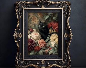 Victorian Floral Black Cat Art Print , Gothic Wall Decor, Moody Romantic Botanical Painting, Cat Lover Gift, Cottagecore Aesthetic, UNFRAMED