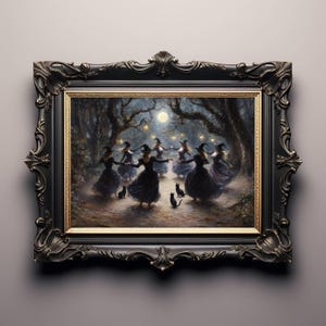 Midnight Witch Dance Poster, Witchy Wall Art, Halloween Home Decor, Witchcore Print, Witch and Black Cat Art, UNFRAMED