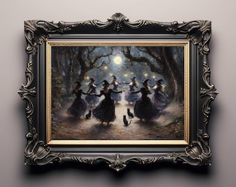 Midnight Witch Dance Poster, Witchy Wall Art, Halloween Home Decor, Witchcore Print, Witch and Black Cat Art, UNFRAMED