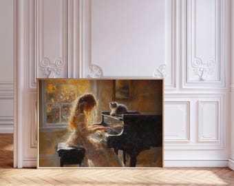 Girl Playing Piano With Her Cat Poster, Music Room Decor, Pianist