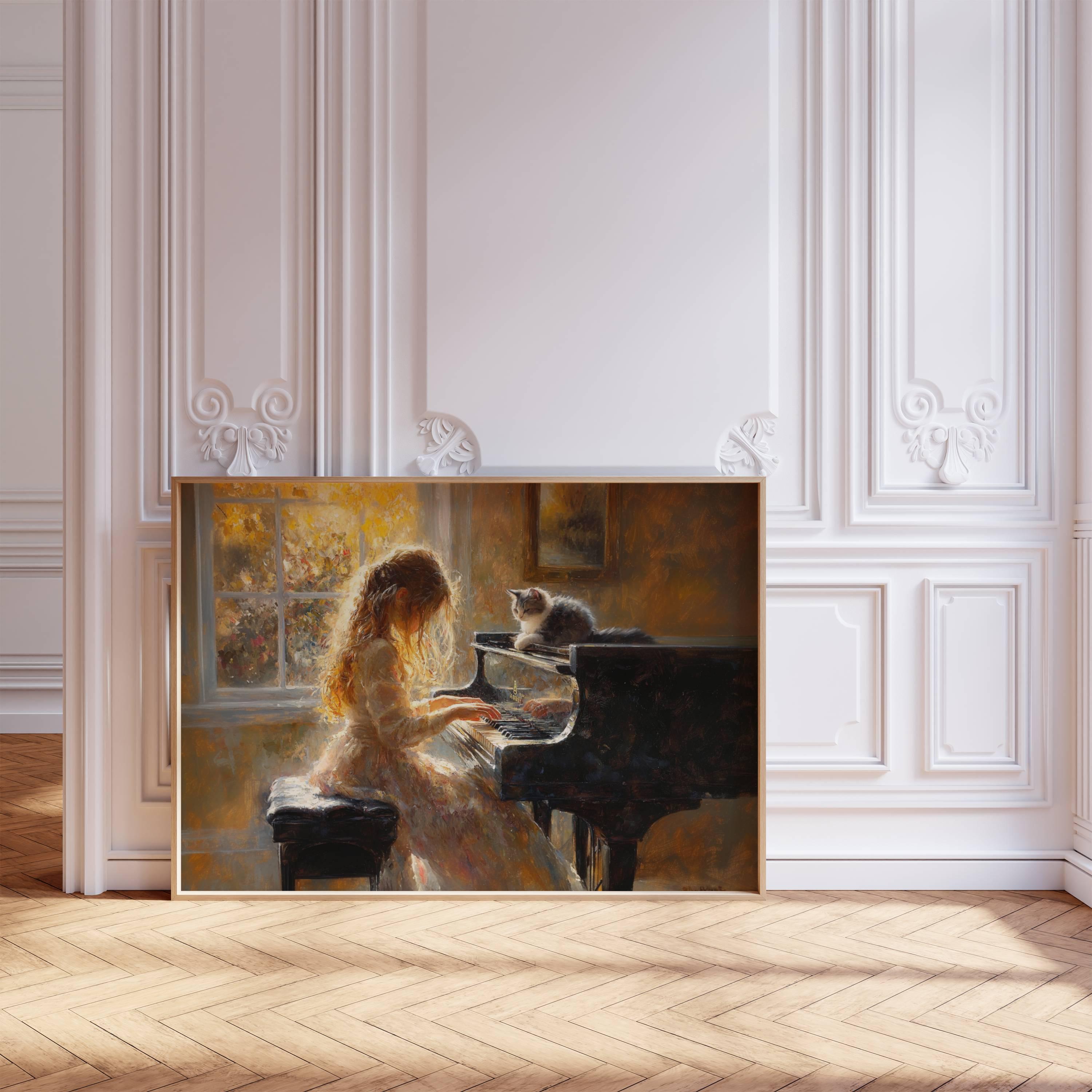 Girl Playing Piano With Her Cat Poster, Music Room Decor, Pianist