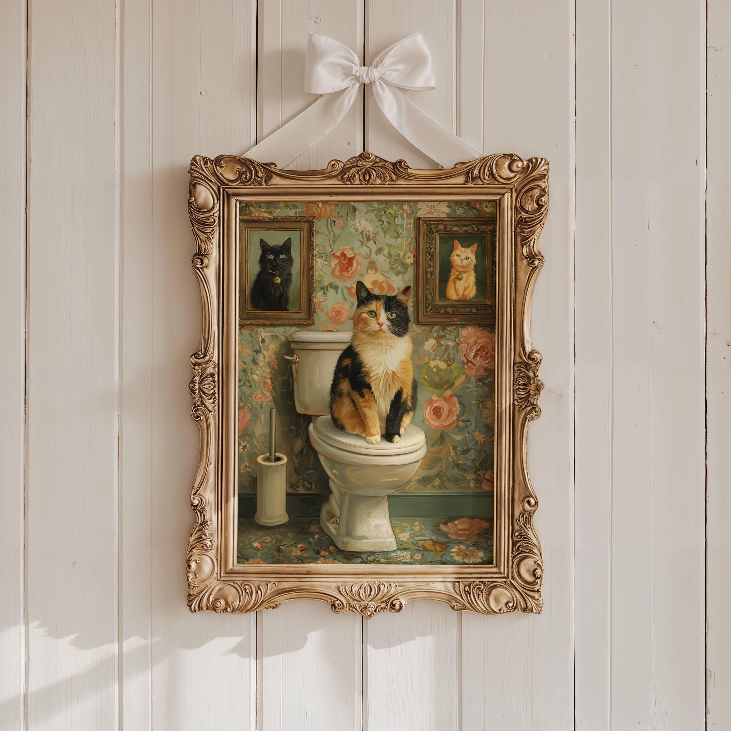 Calico Cat on Toilet Poster, Funny Bathroom Wall Art With Vintage ...