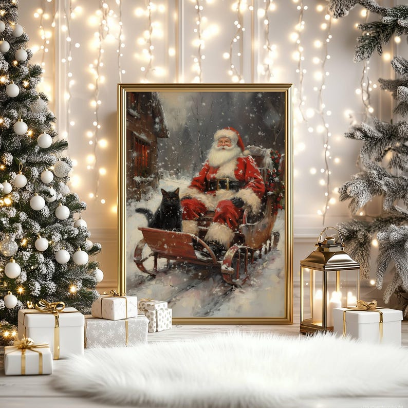 Santa Claus and Cat on a Sleigh Poster, Christmas Wall Art, Festive ...
