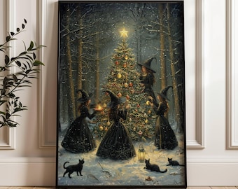 Witchy Christmas Tree Wall Art Poster, Winter Forest Witches Christmas Tree Poster, Cozy Gothic Holiday Home Decor, UNFRAMED