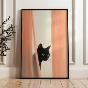 Black Cat Peeking Through Curtains Poster, Minimalist Cat Print, Neutral Wall Art, Cat Lover Gift, UNFRAMED