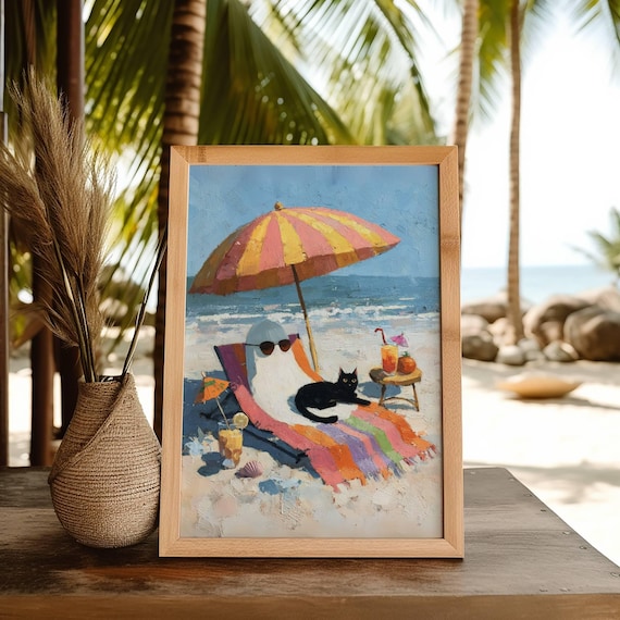 Ghost and Black Cat Beach Poster, Summerween Wall Art, Whimsigoth Print, Spooky Cute Decor, UNFRAMED