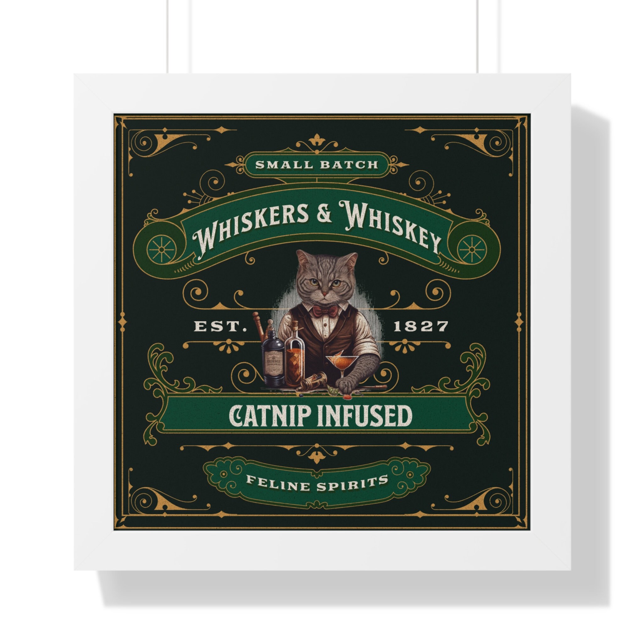Whiskers and Whiskey Cat Dad Framed Poster, Man Cave Cat Art, Cat Lover