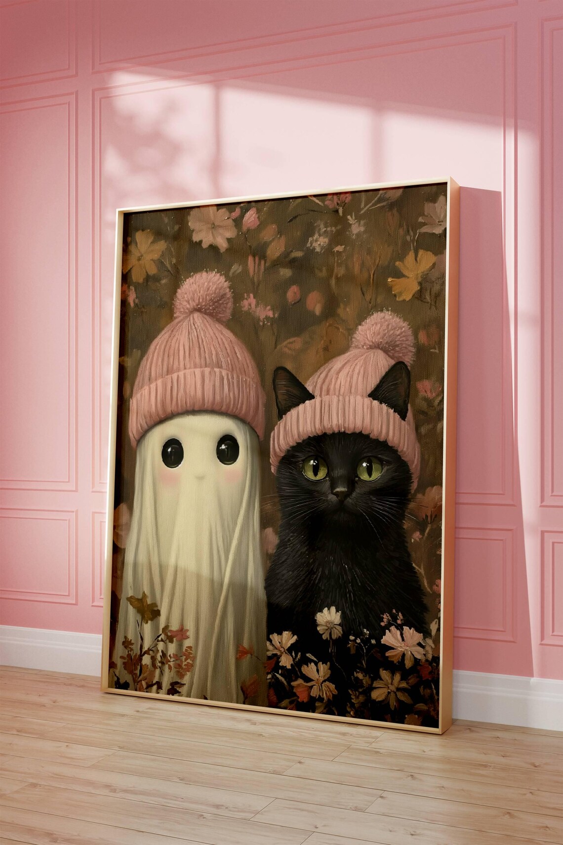Ghost and Black Cat in Pink Beanies, Cute Print, Spooky Halloween Wall ...