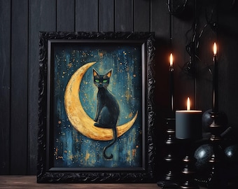 Black Cat on Crescent Moon Poster, Mystical Celestial Wall Art, Moonlit Night Decor, Witchy Gothic Cat Print, Whimsigoth Print, UNFRAMED
