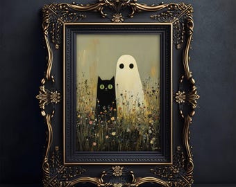 Black Cat and Ghost in Wildflowers Wall Art Poster, Floral Spooky Halloween Art, Cozy Cottagecore Print, Whimsigoth Home Decor, UNFRAMED
