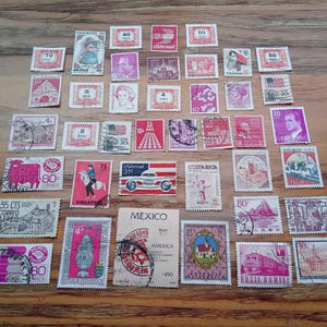 Pink & Red Used World Postal Stamps, Lot of 40 Vintage Postal Stamps from 14 Countries, Decimals Off Paper, Collectible Worldwide Stamps
