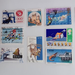 14 timbres postaux carrés et rectangulaires historiques d'occasion des années 60, 70, 80, 90 et 00, timbres postaux bleus de collection vintage