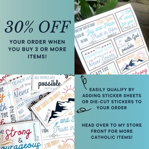 May include: Sticker sheets featuring religious quotes and phrases in different fonts and colours. The image also includes text that says "30% OFF" and "Your order when you buy 3 or more items!"