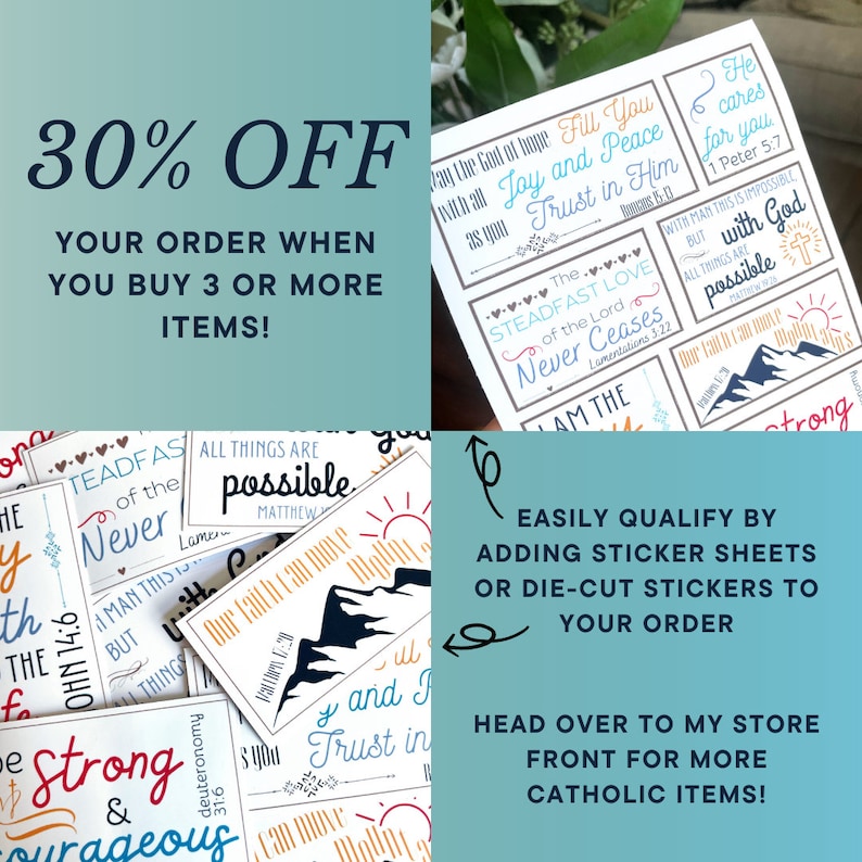 May include: Sticker sheets featuring religious quotes and phrases in different fonts and colours. The image also includes text that says "30% OFF" and "Your order when you buy 3 or more items!"