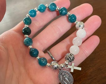 Handmade Beaded Rosary Bracelet Dark Blue: Miraculous Medal Cross Bracelet, Stretch Bracelet, Catholic Jewelry for Women