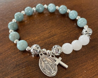 Handmade Beaded Rosary Bracelet Jade, Miraculous Medal, Cross Bracelet Stretch, Godmother Bracelet, Catholic Jewelry for Women
