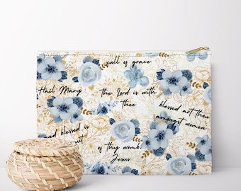 Hail Mary Prayer Accessory Pouch: Catholic Mass Bag, Floral Zipper Pouch