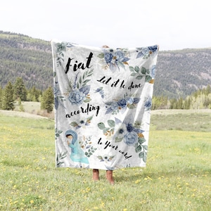 Marian Catholic Throw Blanket: Floral Velveteen Plush, &quot;Fiat&quot; Design