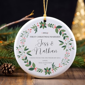 First Christmas Married 2024 Christian Christmas Ornament Custom Wedding Ornament Newlywed Gift Catholic Ornament Bible Verse Wedding Gift