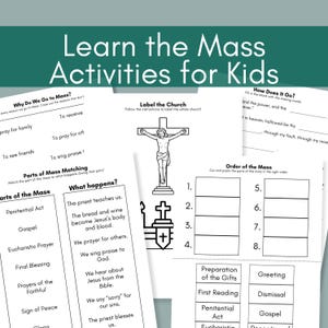 Puede incluir: Hojas de actividades educativas para niños para aprender sobre la Misa. Incluye ejercicios de completar, emparejar y etiquetar. Presenta el texto "Learn the Mass Activities for Kids".