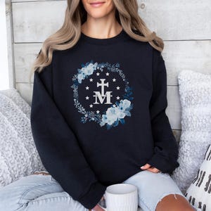 Marian Cross Sweatshirt: Catholic Virgin Mary Floral Sweater