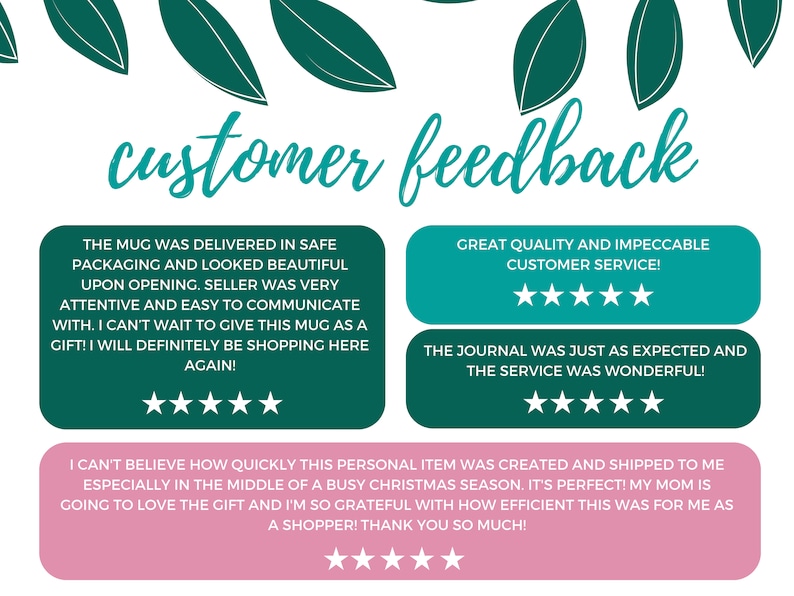 May include: A graphic design displaying customer feedback. The words "customer feedback" are in a teal script font. Reviews are in teal and pink boxes, with star ratings. One review mentions a mug, another a journal.