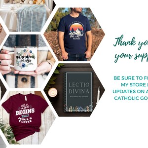 May include: A collection of items, including a white mug with floral design, a navy blue t-shirt with a mountain graphic, and a burgundy t-shirt with text. The image also includes a journal and the text "Thank you for your support!"