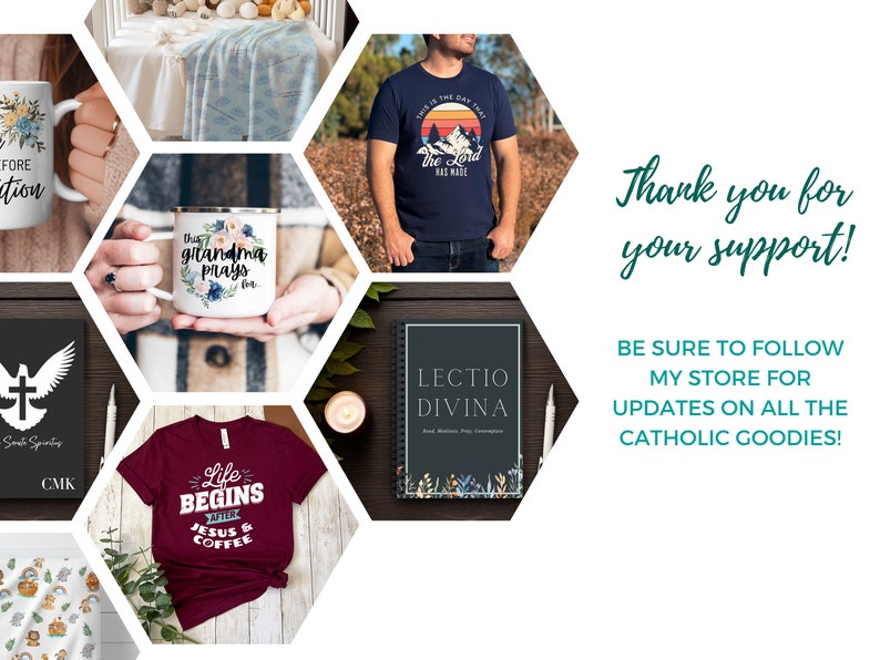 May include: A collection of items, including a white mug with floral design, a navy blue t-shirt with a mountain graphic, and a burgundy t-shirt with text. The image also includes a journal and the text "Thank you for your support!"