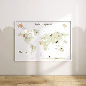 Wereldkaart print voor kinderen | Boho-wereldprint | Wereldkaartposter | A3 | Aanpasbaar met de naam van je kind