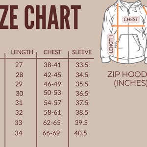Puede incluir: Tabla de tallas para una sudadera con capucha con cremallera en pulgadas. La tabla muestra las medidas de talla, longitud, pecho y manga para las tallas S a 5XL.