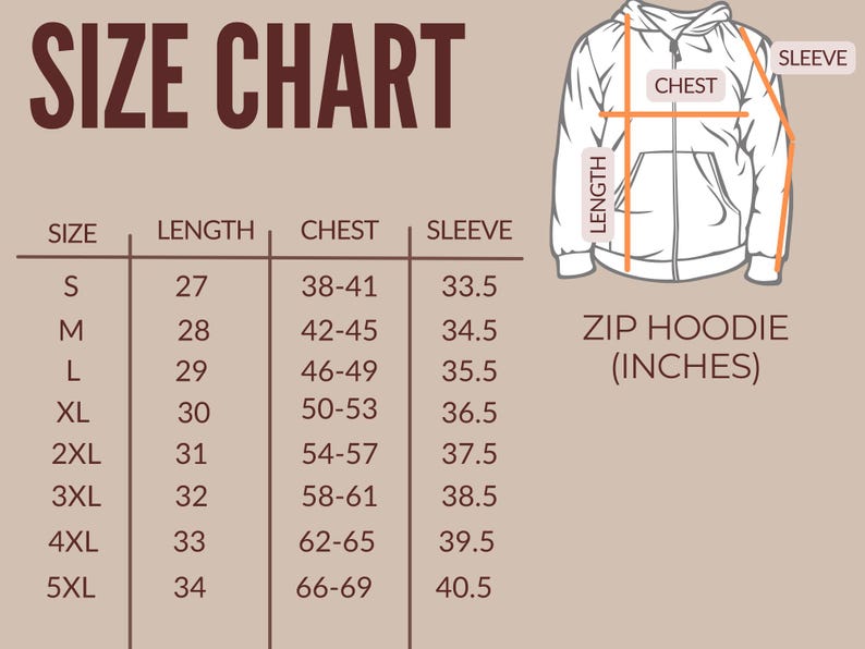 Puede incluir: Tabla de tallas para una sudadera con capucha con cremallera en pulgadas. La tabla muestra las medidas de talla, longitud, pecho y manga para las tallas S a 5XL.