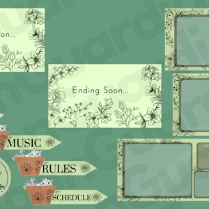 Könnte beinhalten: Ein Satz grüner und brauner digitaler Overlay-Grafiken für Twitch- oder YouTube-Streaming. Die Grafiken zeigen ein florales Design mit Text, der "Bald...", "Bald vorbei...", "Über", "Musik", "Regeln", "Zeitplan", "Neuer Follower", "Neuer Abonnent" und "Chat" lautet.