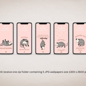 Puede incluir: Cinco fondos de pantalla rosas para teléfono con un opossum de dibujos animados con diferentes frases humorísticas. Las frases son "dead inside", "stressed about stress", "actually all of my systems are nervous", "all oopsies no daisies", y "mentally sick physically thicc".