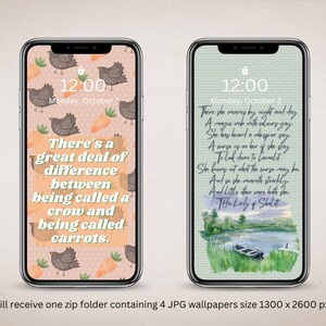 Könnte beinhalten: Zwei Handy-Hintergründe mit einem Pfirsich- und Grün-Hintergrund. Der linke Hintergrund zeigt ein Zitat über Krähen und Karotten mit einem Muster aus braunen Vögeln und orangefarbenen Karotten. Der rechte Hintergrund zeigt ein Zitat aus dem Gedicht "Die Dame von Shalott" von Alfred Lord Tennyson.