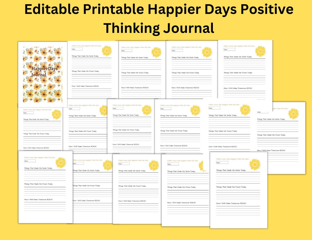 Editable Printable Happier Days Positive Thinking Journal, A4 &amp; US ...