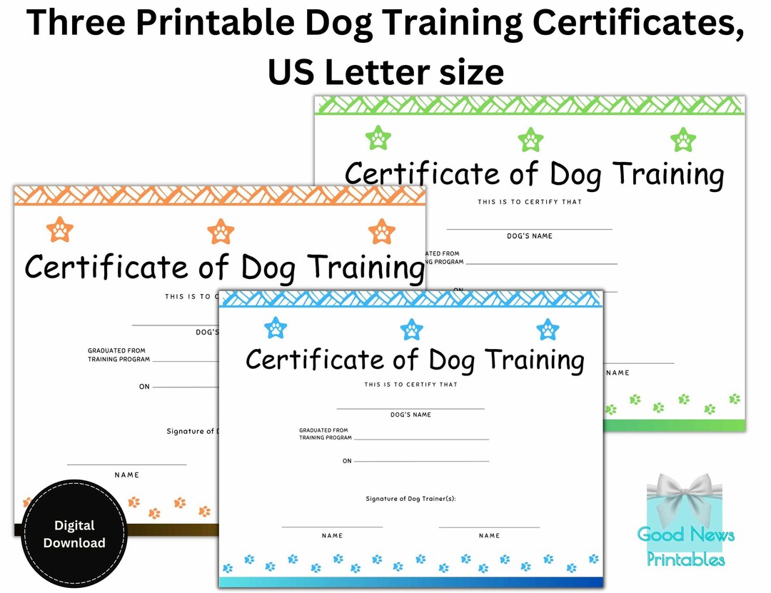 Three Printable Dog Training Certificates, US Letter Size, Dog Training ...