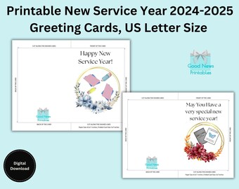 Druckbare neues Service-Jahr 2024-2025 Grußkarten, US Letter-Größe, zwei Karten