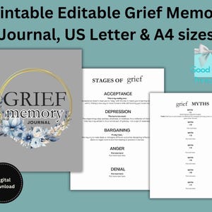 Diario de memoria de duelo imprimible y editable, tamaños Carta (EE. UU.) y A4