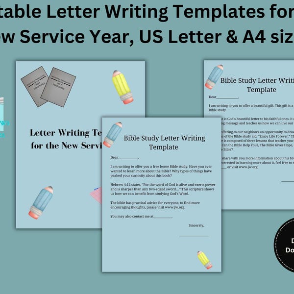 Plantillas de redacción de cartas imprimibles para el nuevo año de servicio, tamaños Carta de EE. UU. y A4, campaña de ofrecimiento de estudios bíblicos