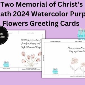Imprimable 5 x 7 cartes de voeux commémoratives de la mort du Christ 2024, fleurs violettes aquarelles, format lettre US