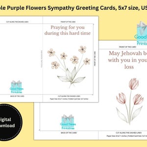 Tarjetas de felicitación de condolencias con flores moradas para imprimir, tamaño 5x7, tamaño carta de EE. UU.