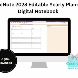 May include: A computer screen displaying a 2023 yearly planner in Microsoft OneNote. The planner is divided into 12 months, with each month having a separate section. The planner is in a digital notebook format, and the text "2023 Yearly Planner" is visible at the top of the screen. The text "Digital Download" is visible in a black circle at the bottom left of the image. The text "Good News Printables" is visible in a light blue box with a white ribbon at the bottom right of the image.