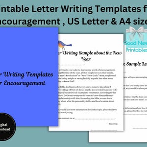 Op de afbeelding: Printbare sjablonen voor het schrijven van brieven ter aanmoediging in US Letter- en A4-formaten. De afbeelding toont een blauwe vierkant met de tekst "Letter Writing Templates for Encouragement" en een zwarte cirkel met "Digital Download".