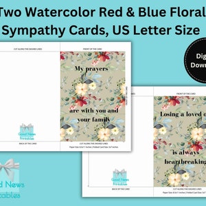 Cartes de sympathie florales rouges et bleues imprimables, format lettre US, 5 x 7